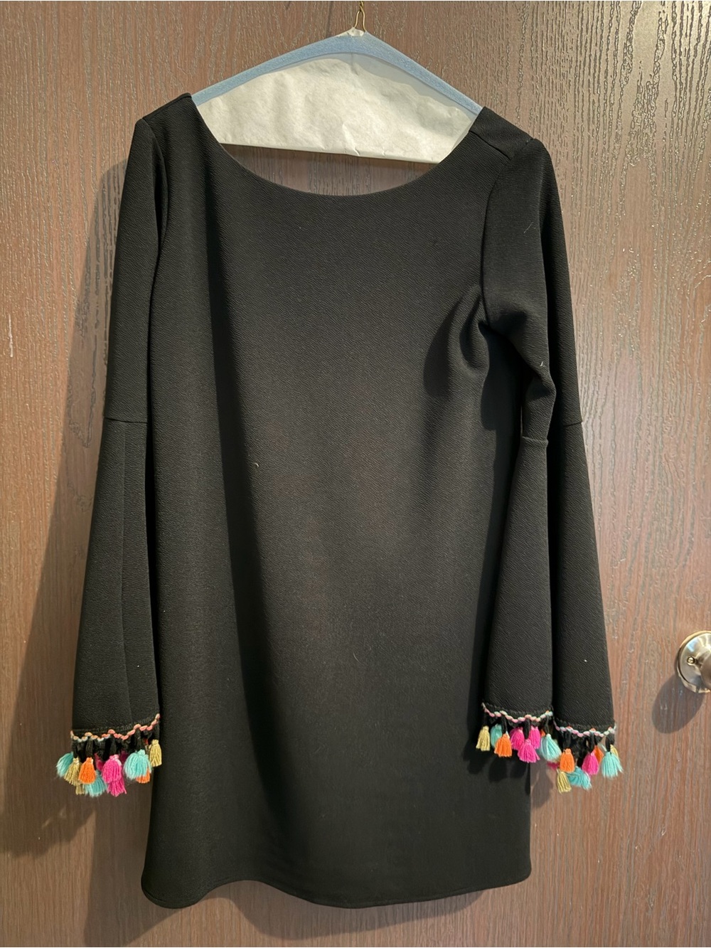 Judith March Black Long Bell Sleeve Tassel Accent Boho Dress Size M